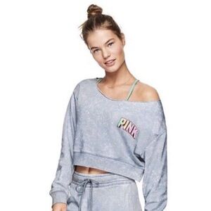 PINK Victoria's Secret Blue Gray Cropped Sweatshirt Off Shoulder Medium M
